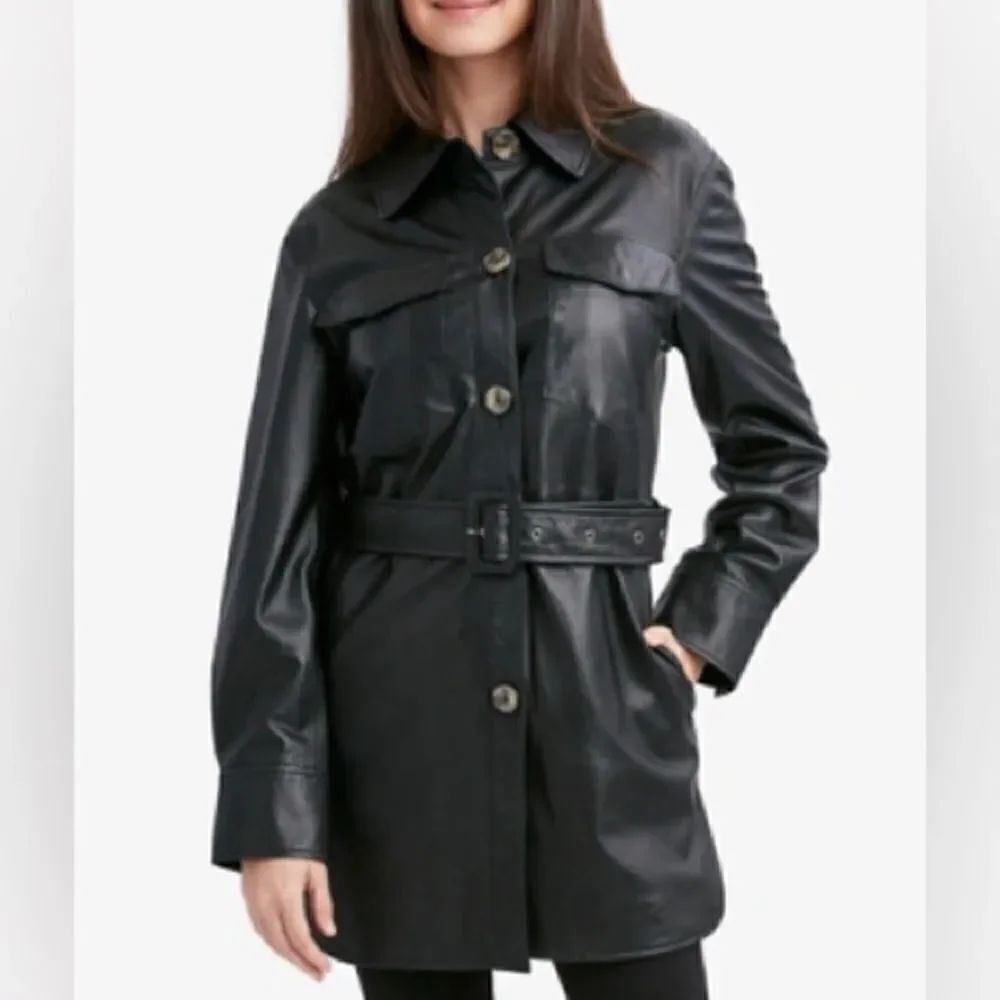 Tahari Women's Liv Belted Leather Shirt Jacket Black Petite Large NWT